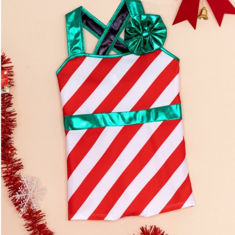 iEFiEL Girls Christmas Candy Cane Striped Leotard Bodysuit Dance Jumpsuit Sz:8